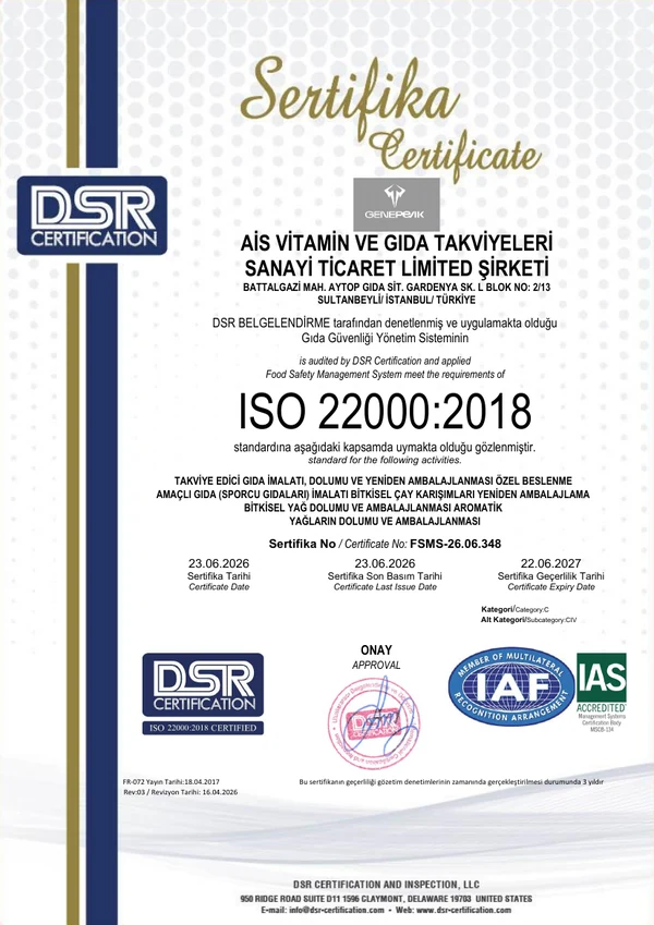 ISO 22000:2018 belgesinin ilk sayfası